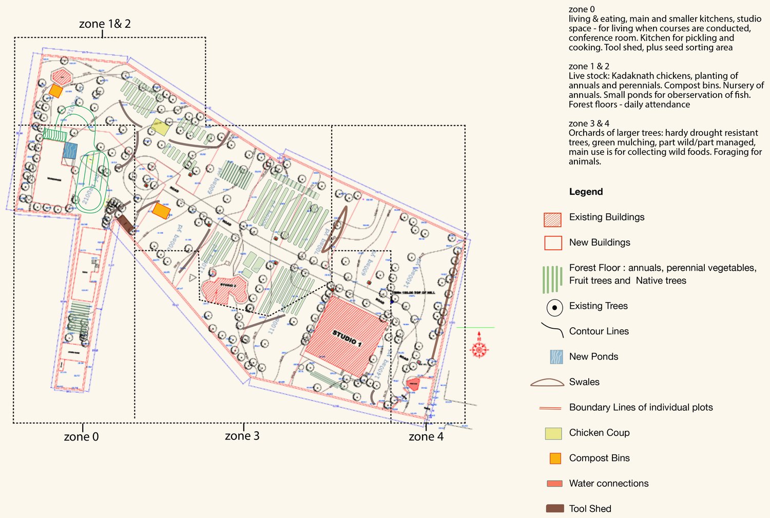 Zone plan — boundary, contour and permaculture zones 0–4, 2024